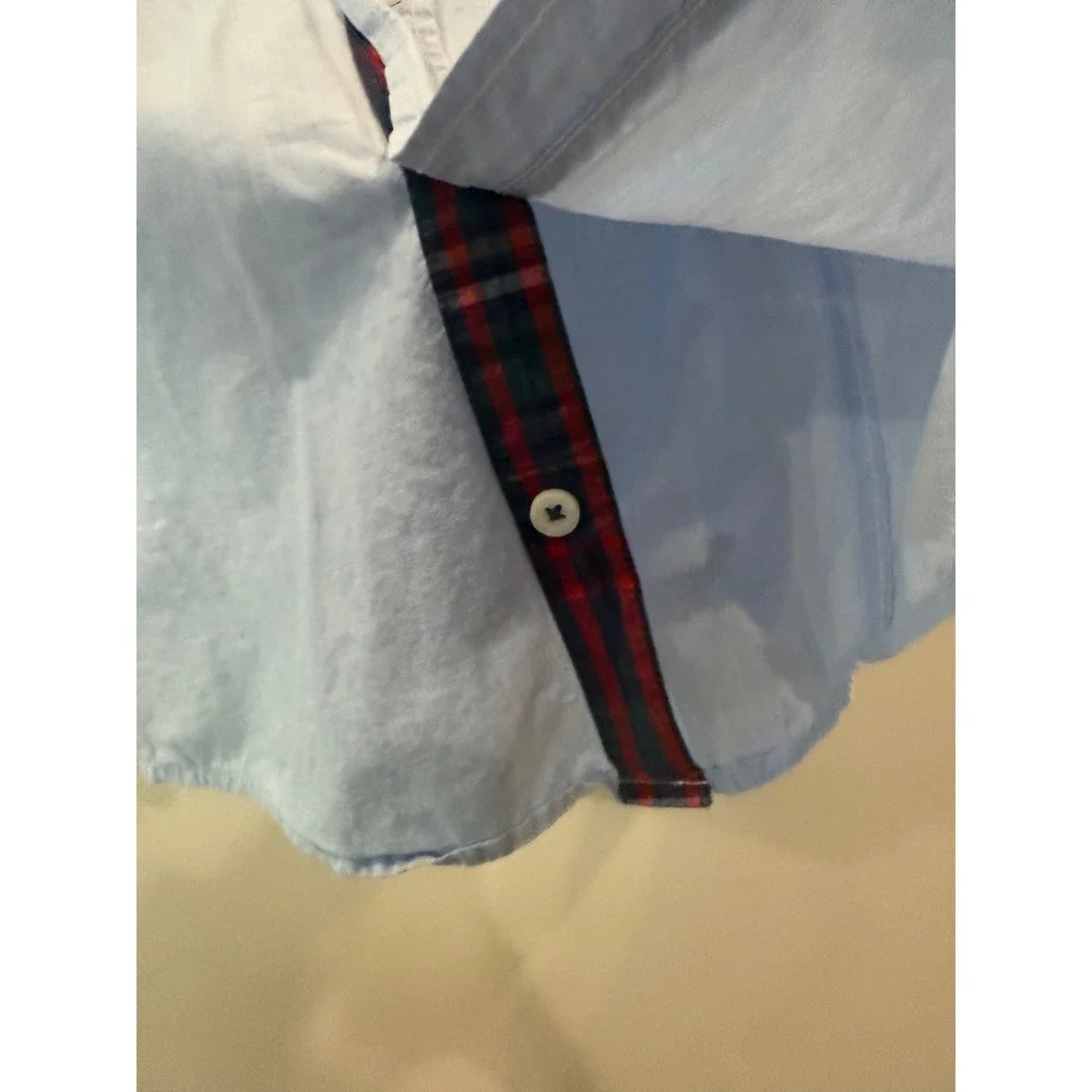 Gymboree Boys Light Blue Long Sleeve Button Down Plaid Trim Reindeer 100 cotton